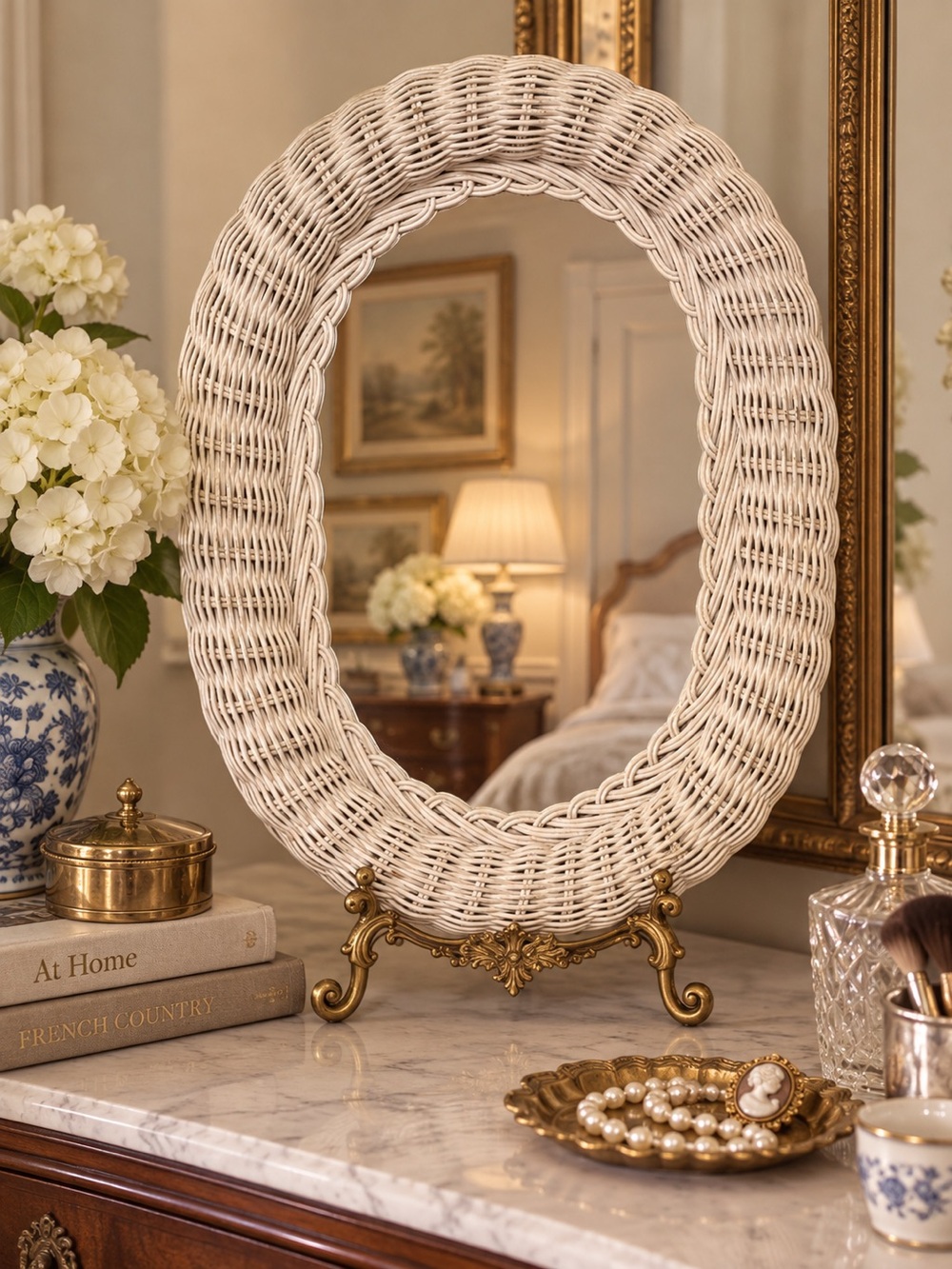 Vintage Cottage Core Oval White Wicker Wall Mirror